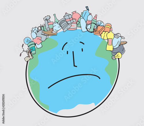 Sad planet Earth with a haircut in the form of garbage. Ecological problems. Vector full color graphics