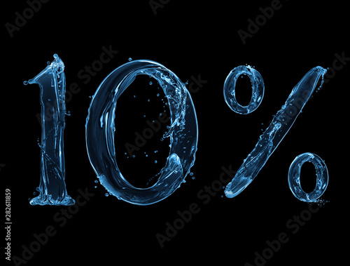 Number 10 and percent sign made with a splash of water on a black background photo