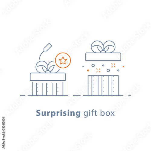 Prize give away, surprising gift, unusual present, fun experience, gift idea concept, line icon