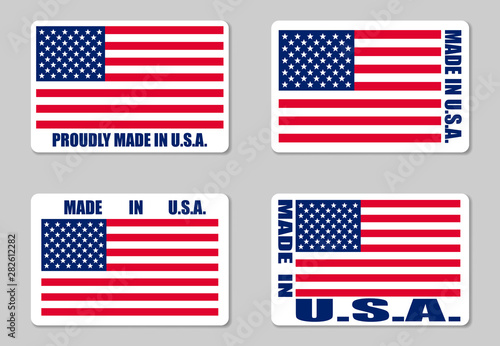 Made in USA label stickers, vector set. Merchandise tag with US flag
