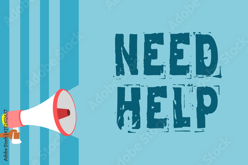 Text sign showing Need Help. Conceptual photo When someone is under pressure and cannot handle the situation Megaphone loudspeaker blue stripes important message speaking out loud photo
