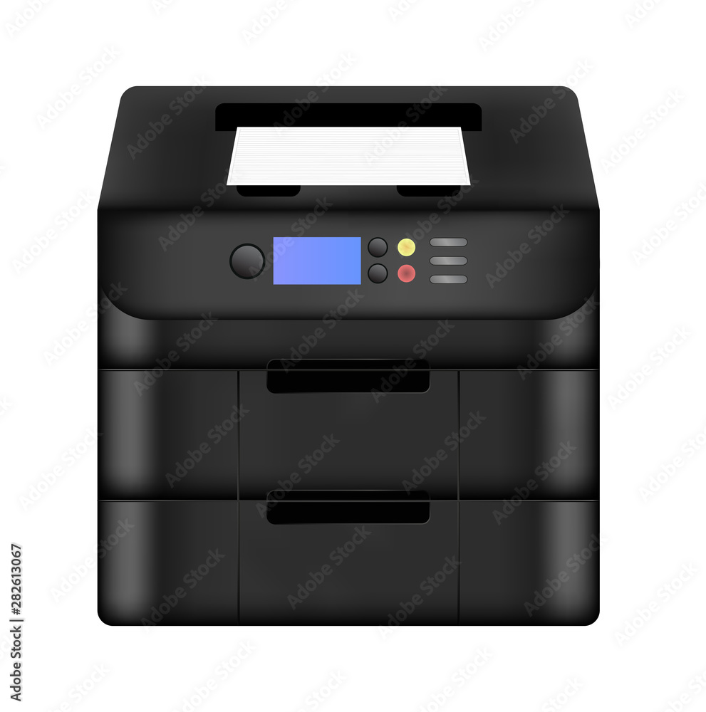 Vector realistic black illustration of laser digital printer copy machine. Business multi-function all-in-one printer used most often in company. Printing machine is isolated on a white background. Vector realistic black illustration of laser digital printer copy machine. Business multi-function all-in-one printer used most often in company. Printing machine is isolated on a white background.