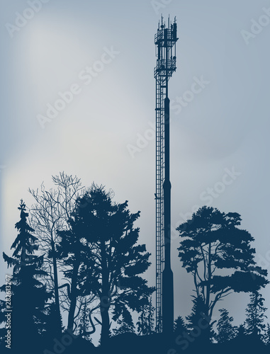 telecommunications tower silhouettes in forest on grey background