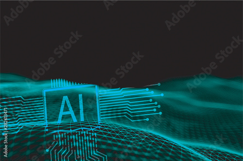 Ai Concept on modern server room. green Technology Background