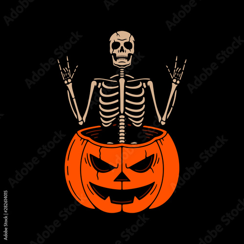 SKELETON WITH ROCK SIGNS IN THE PUMPKIN COLOR BLACK BACKGROUND