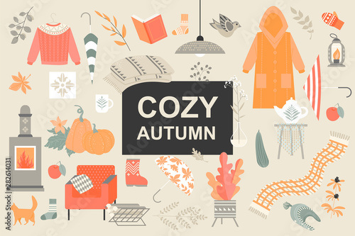 Set of cute vector illustrations of objects and attributes of autumn in scandinavian hygge style