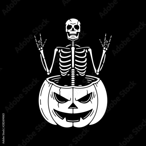 SKELETON WITH ROCK SIGNS IN THE PUMPKIN WHITE BLACK BACKGROUND