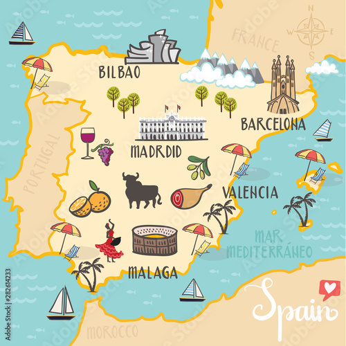 Spain - hand drawn illustration, map with landmarks