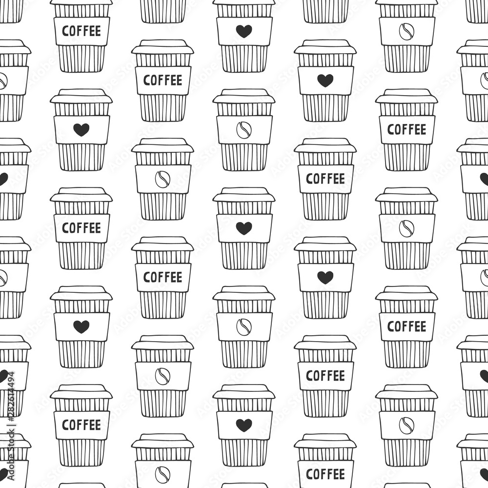 Coffee cup seamless doodle pattern. Vector chalkboard illustration.