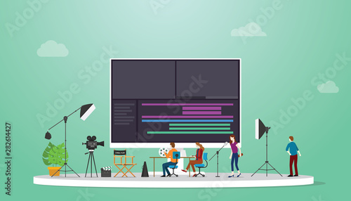 movie or video production concept with team video editor with some tools to edit videos with modern flat style - vector