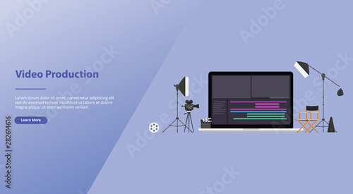 movie or video production concept with team video editor with some tools to edit videos with modern flat style for website template or landing homepage banner - vector