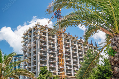 The construction of multi-storey buildings in Batumi. Construction cranes on the background of buildings, palm trees. Floor building against the blue sky. © yaroslav1986