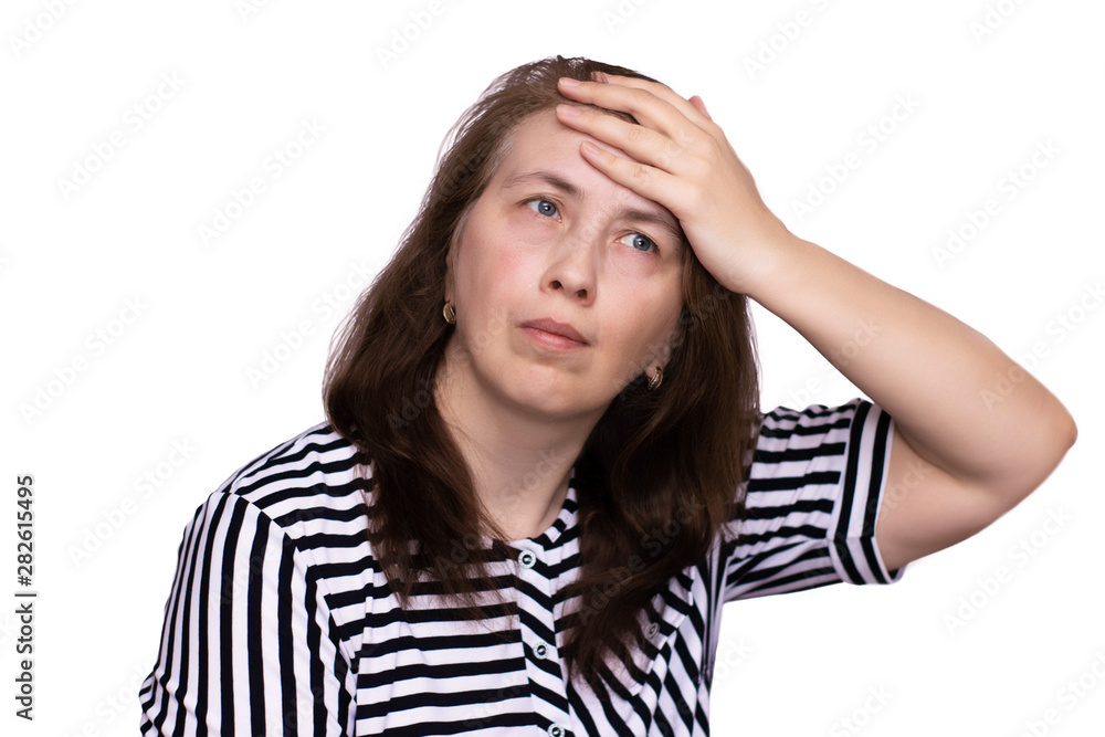 Aged woman holding her head - headache, fatigue, malaise, problems. White background, isolate. Aged woman holding her head - headache, fatigue, malaise, problems. White background, isolate.