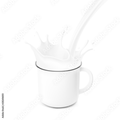 Realistic blank cup mockup with milk splashes and drops isolated on white background. Vector illustration. Can be use for your design. EPS10.
