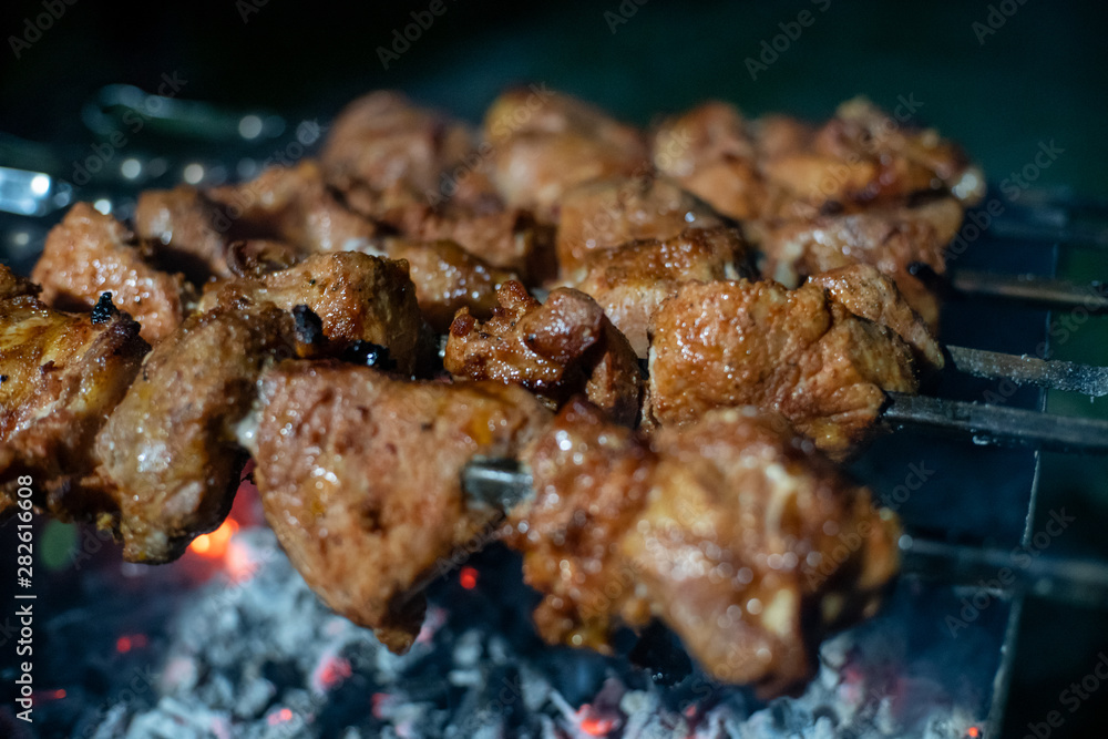 Close-up of grilled kebab on skewers on the grill at night