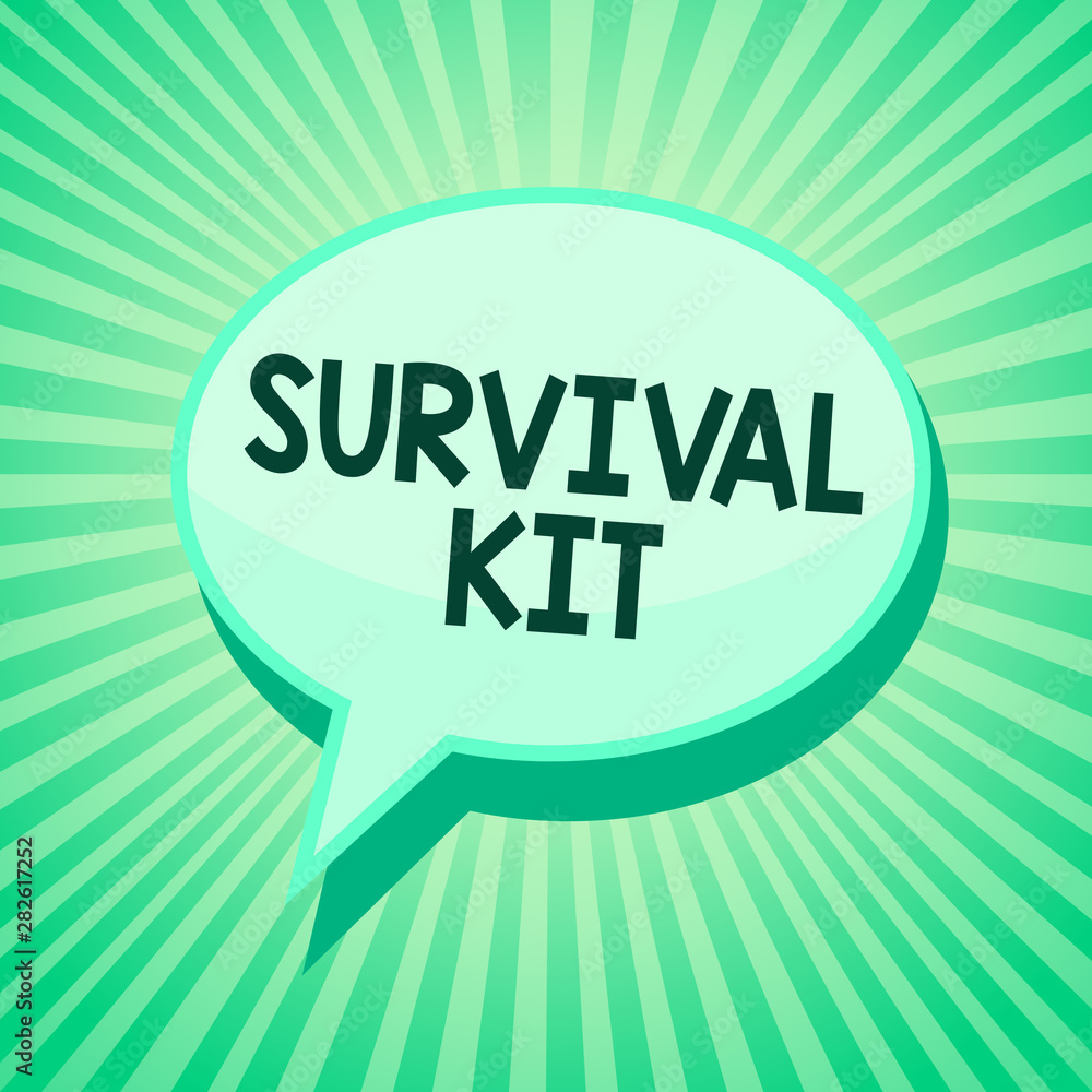 Handwriting text Survival Kit. Concept meaning Emergency Equipment  Collection of items to help someone Green speech bubble message reminder  rays shadow important intention saying Stock Illustration