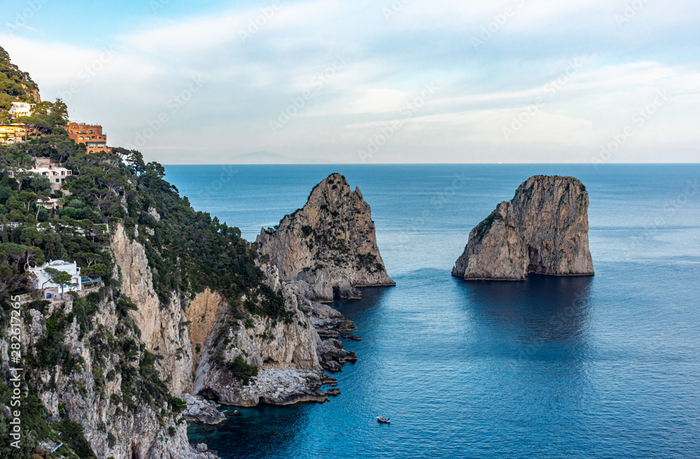 Italy, Capri, panoramic view of the famous Faraglioni