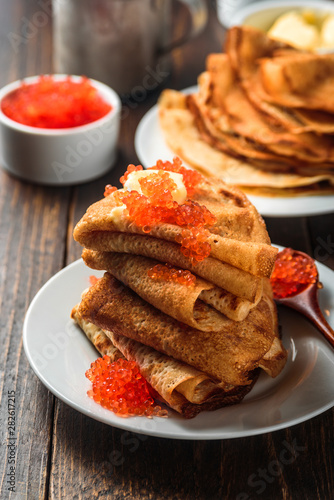 Принти на полотні Russian pancakes blini with red caviar