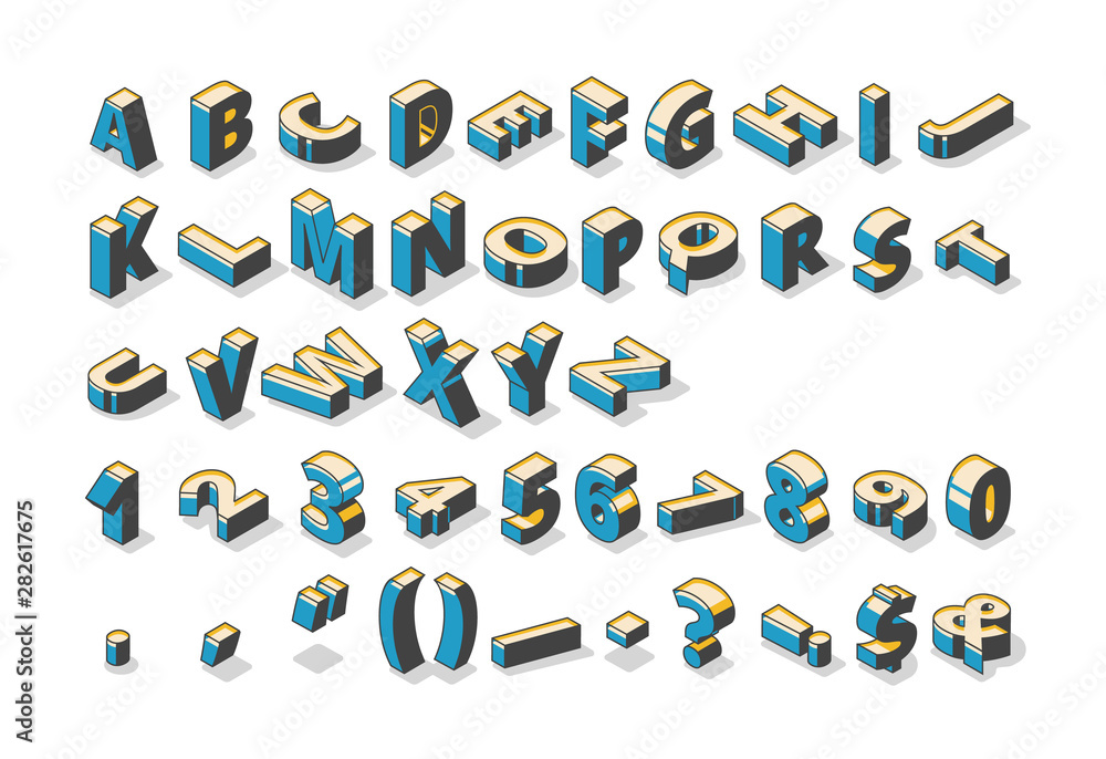 Isometric alphabet, numbers and punctuation marks standing and lying in ...