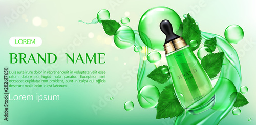 Cosmetics tube mock up ad banner, Organic beauty product, skin care oil or serum pipette bottle mockup on green background with leaves and splash. Natural eco skincare cosmetic Realistic 3d vector