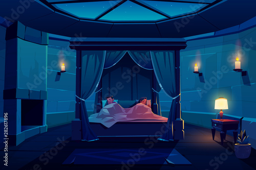 Young couple sleeping in bed with canopy in castle bedroom with starry sky visible through window on roof, palace apartment interior with fireplace, stone walls and candles Cartoon vector illustration