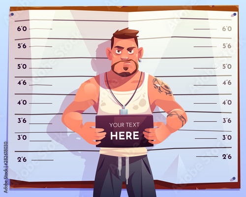 Criminal mugshot front view on measuring scale background in police station. Arrested man gangster holding board with copy space in hands posing for identification photo. Cartoon vector illustration