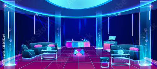 Night club or bar interior, empty dark lounging room with neon illumination, counter desk with drinks, dj mixer, furniture tables with soft couches, glowing plasma lamps. Cartoon vector illustration