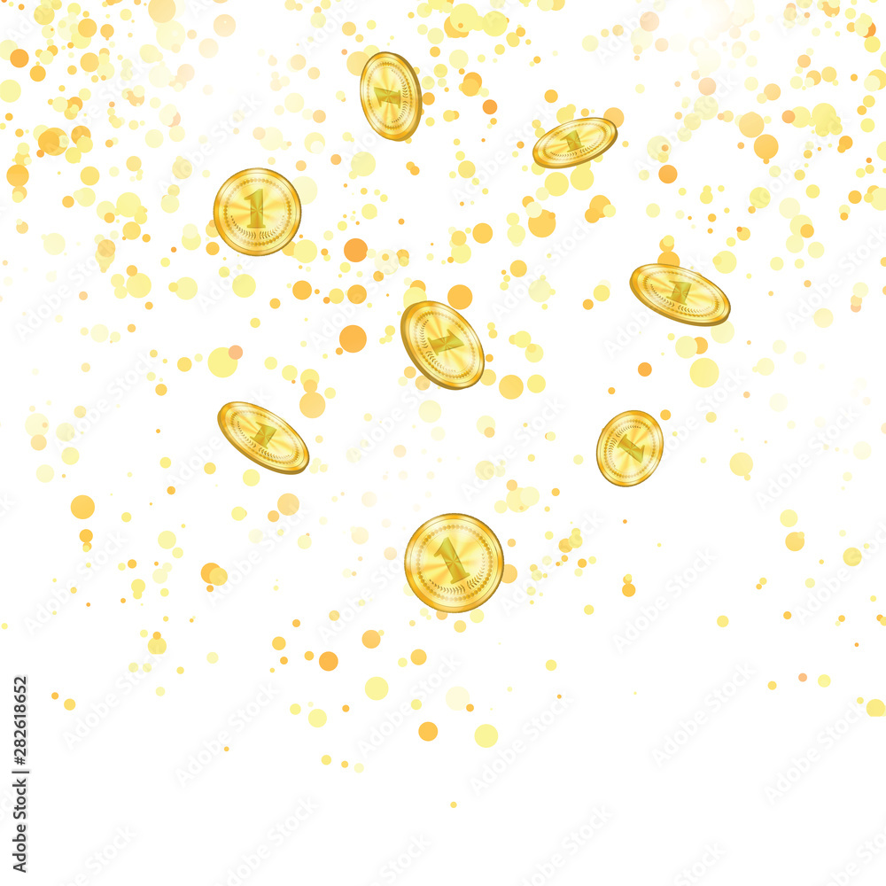 Realistic Gold Coins Falling from the Top. Yellow Metal Money on Falling Confetti Background.