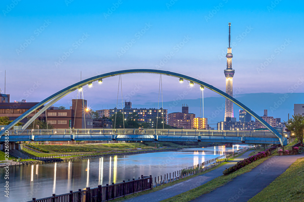 Fototapeta premium 夕暮れのふれあい橋とスカイツリー