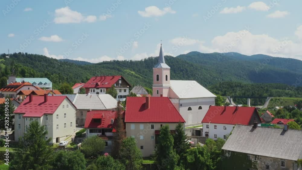 Town of Fuzine on lake Bajer, Gorski kotar region, Croatia, aerial view from drone Town of Fuzine on lake Bajer, Gorski kotar region, Croatia, aerial view from drone