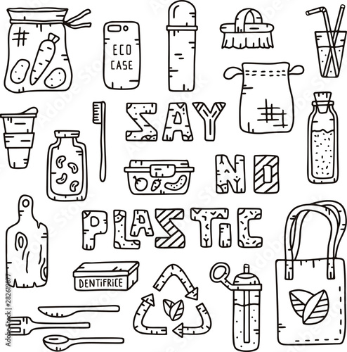 Contour illustration. Say no plastic. Lettering with different element for eco theme. Vector hand drawn doodles