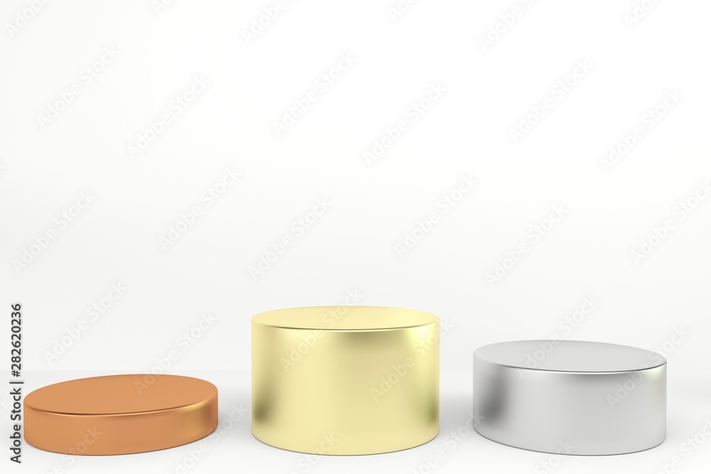 3d render of a podium consisting cylinders with different heights made from bronze, silver and gold 3d render of a podium consisting cylinders with different heights made from bronze, silver and gold