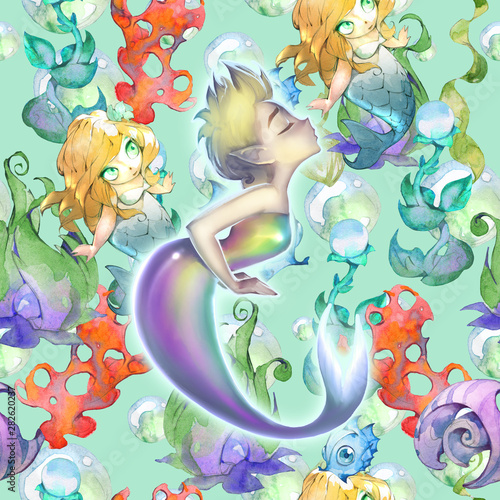 Fantasy hand drawn illustration of a cute and beautiful cartoon mermaid