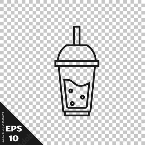 Black line Glass of lemonade with drinking straw icon isolated on transparent background. Vector Illustration
