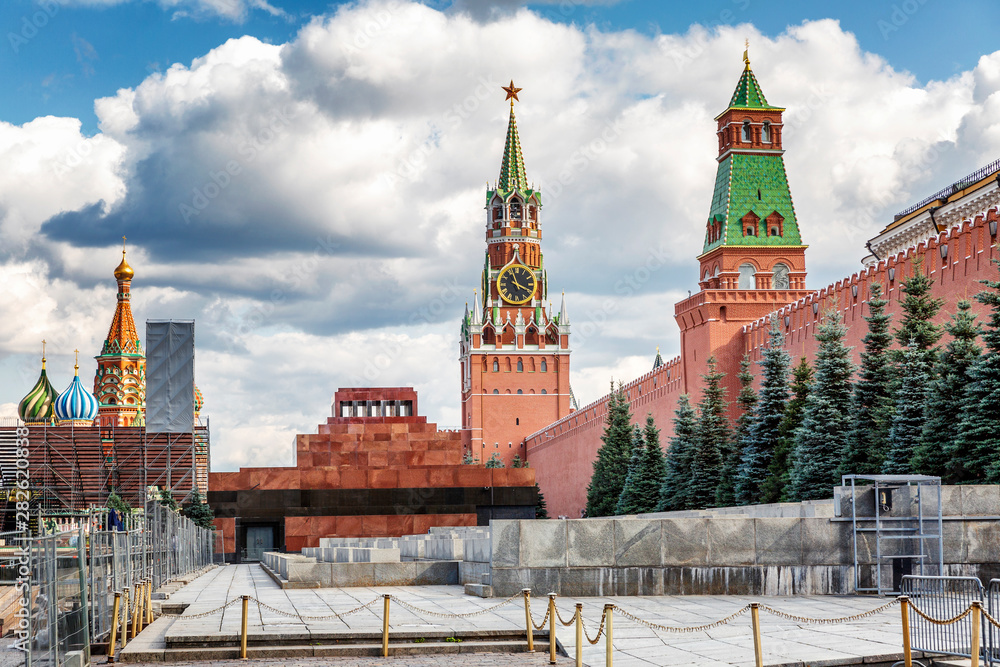  Kremlin towers on the Red Square. Sunny bright day. Beautiful city landscape.