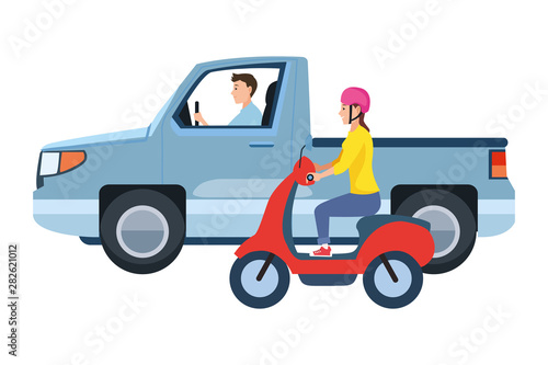 Vehicle and motorcycle with drivers riding