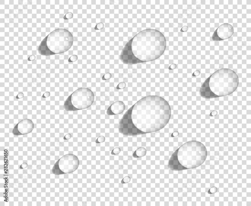 Clear round water drops on smooth surface, realistic vector illustration