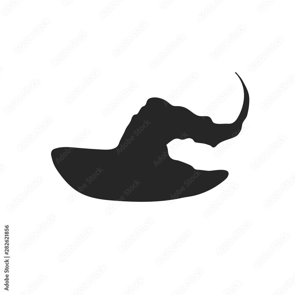 Black silhouette of witch hat. Isolated image of halloween costume. Wizard cap icon