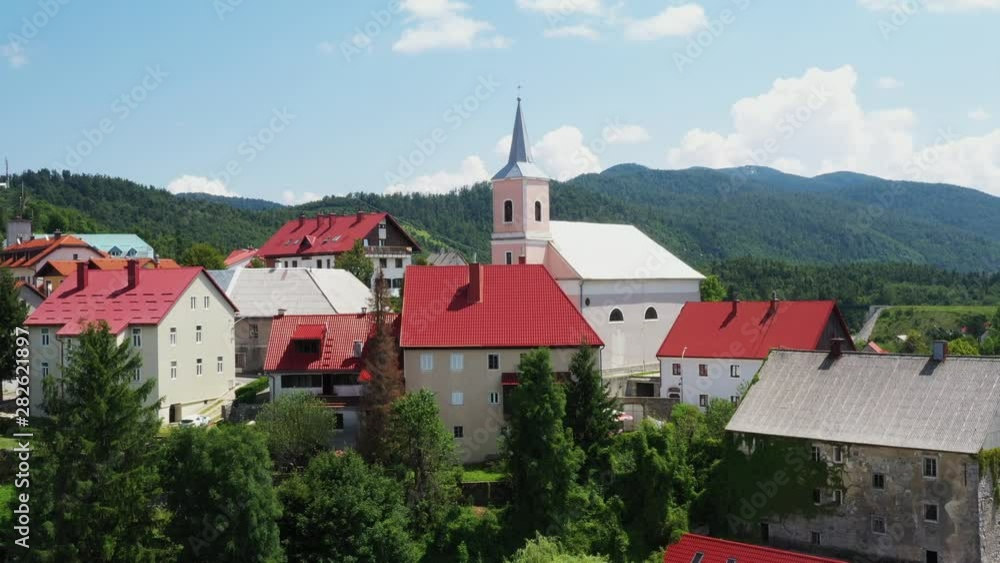 Town of Fuzine on lake Bajer, Gorski kotar region, Croatia, aerial view from drone Town of Fuzine on lake Bajer, Gorski kotar region, Croatia, aerial view from drone