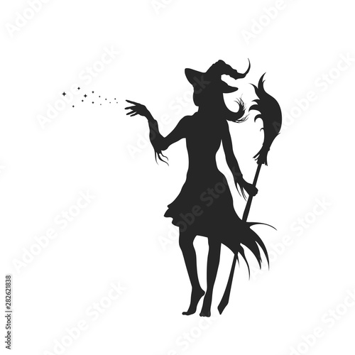 Black silhouette of witch with hat. Halloween party. Isolated image of conjuring sorcerer. Young mage with broom. Elegant withard