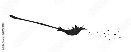 Black silhouette of witch broom. Halloween party. Isolated image of sorceress accessory. Wizard besom