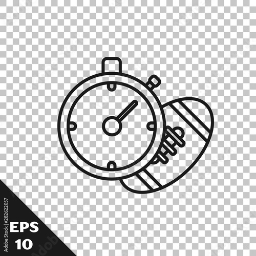 Black line American Football ball and stopwatch icon isolated on transparent background. Set of sport equipment. Vector Illustration