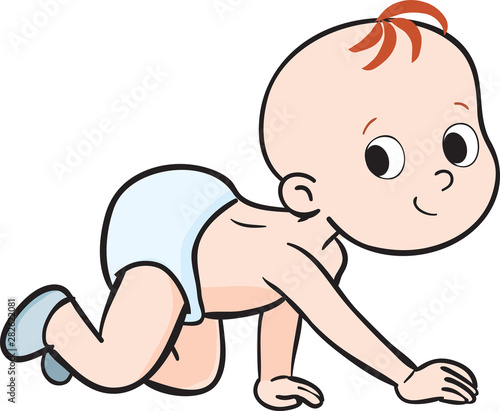 cute little baby boy or girl crawls on all four extremities