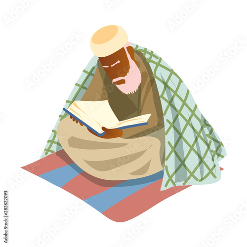 Old muslim white bearded man reading saint koran