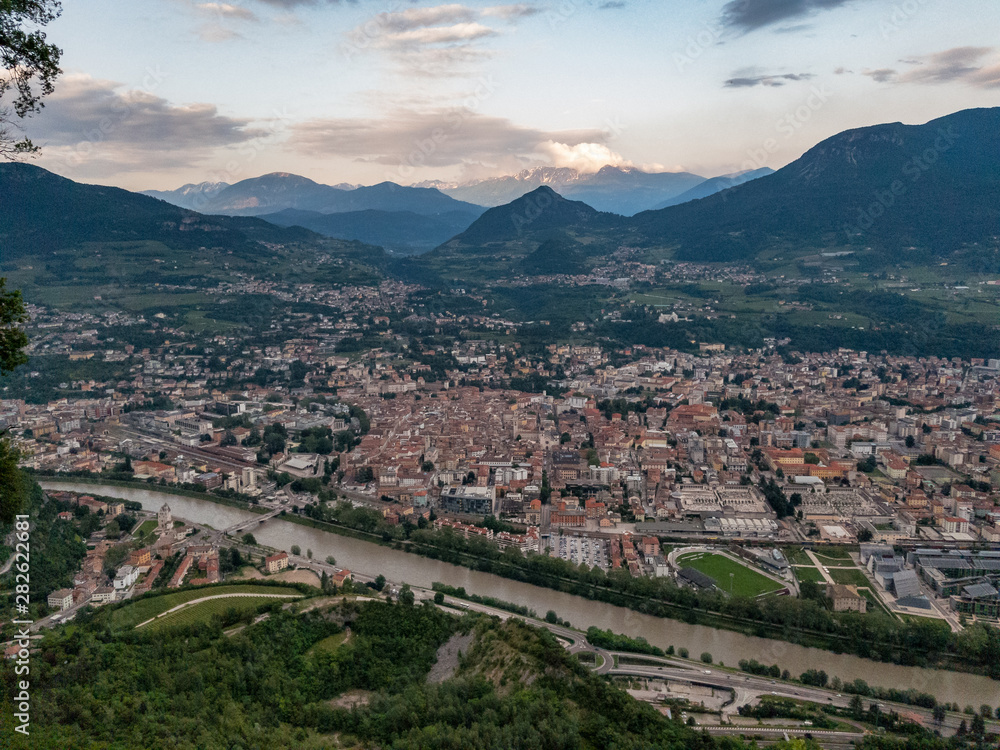 Aerial view of Trento from Sardagno at Sunset