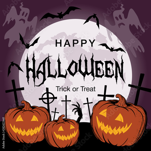Happy Halloween. Pumpkins Jack O’ Lantern vector illustration. Full moon background.