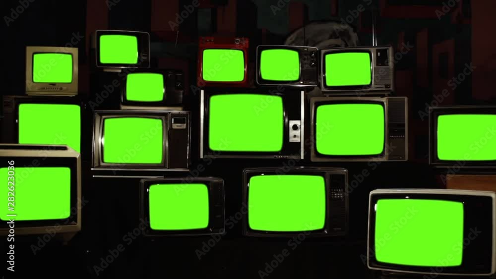 Stacked Vintage TVs Turning Off Green Screens. Zoom Out. You can