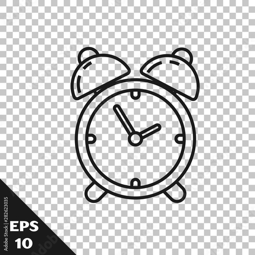 Black line Alarm clock icon isolated on transparent background. Wake up, get up concept. Time sign. Vector Illustration