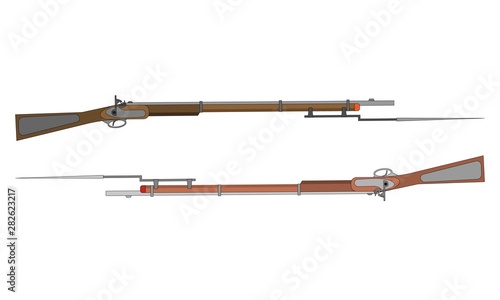 Two gun rifles with bayonets. Civil war ammo weapon element. To design banners for national USA holidays such as Independence, Memorial, Labor, Veterans day and other traditional celebration
