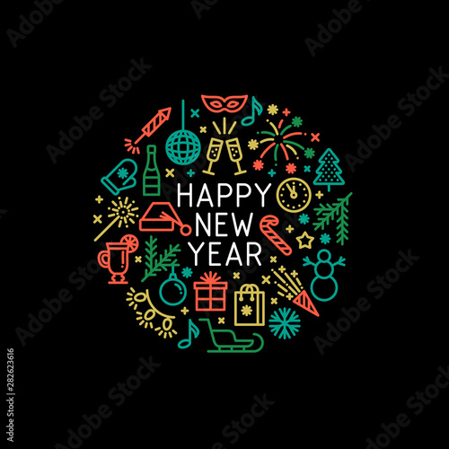 Happy New Year vector text and symbols in circle concept. Winter holidays illustration. Greeting card with new year and christmas party icons.